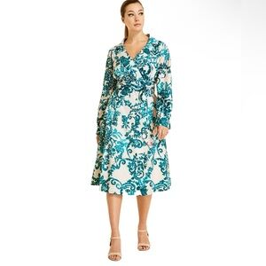 MARINA RINALDI DOMANDA Wrap Midi Dress in Teal Floral Print NWT 20